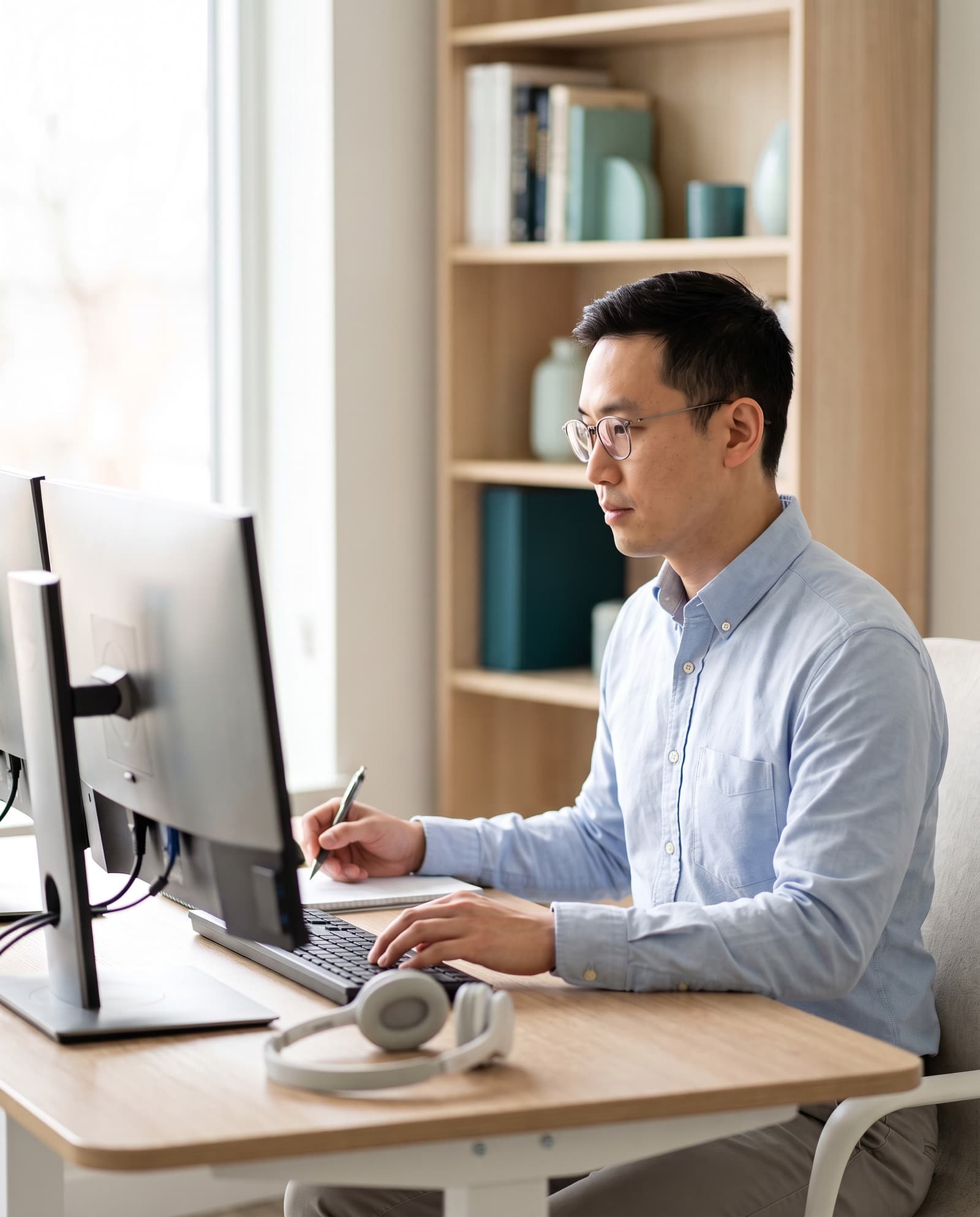 A certified medical coder working at his desk