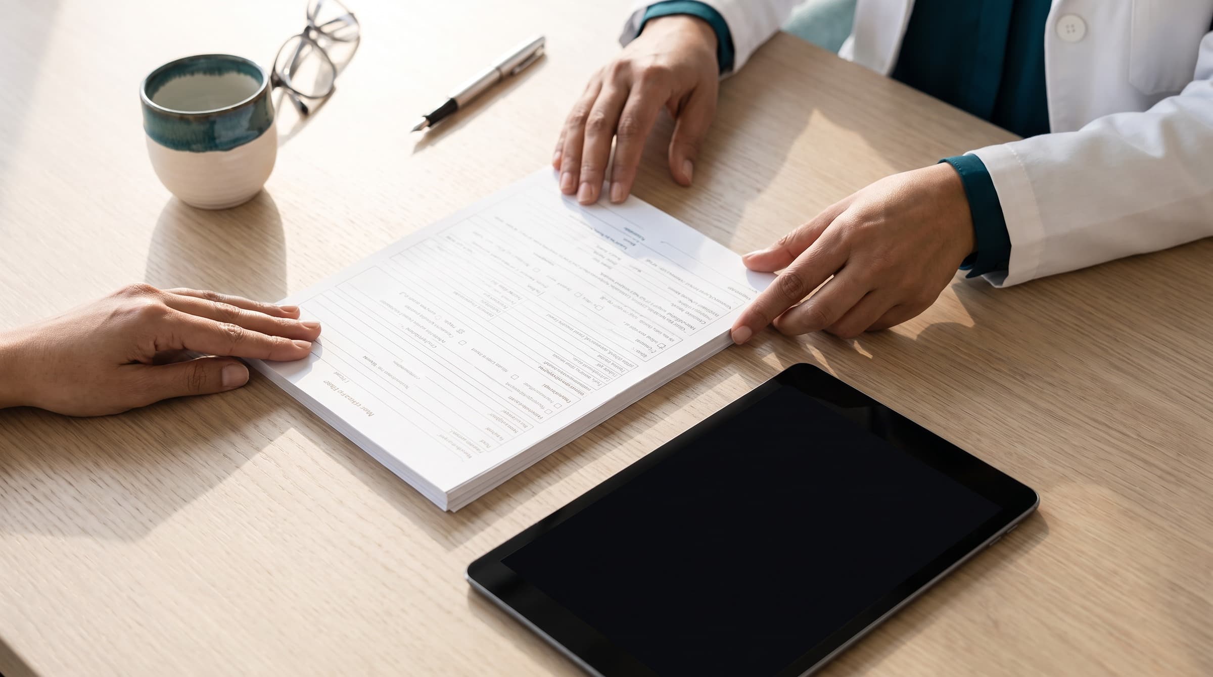 Hands squaring a stack of forms on a tidy oak desk