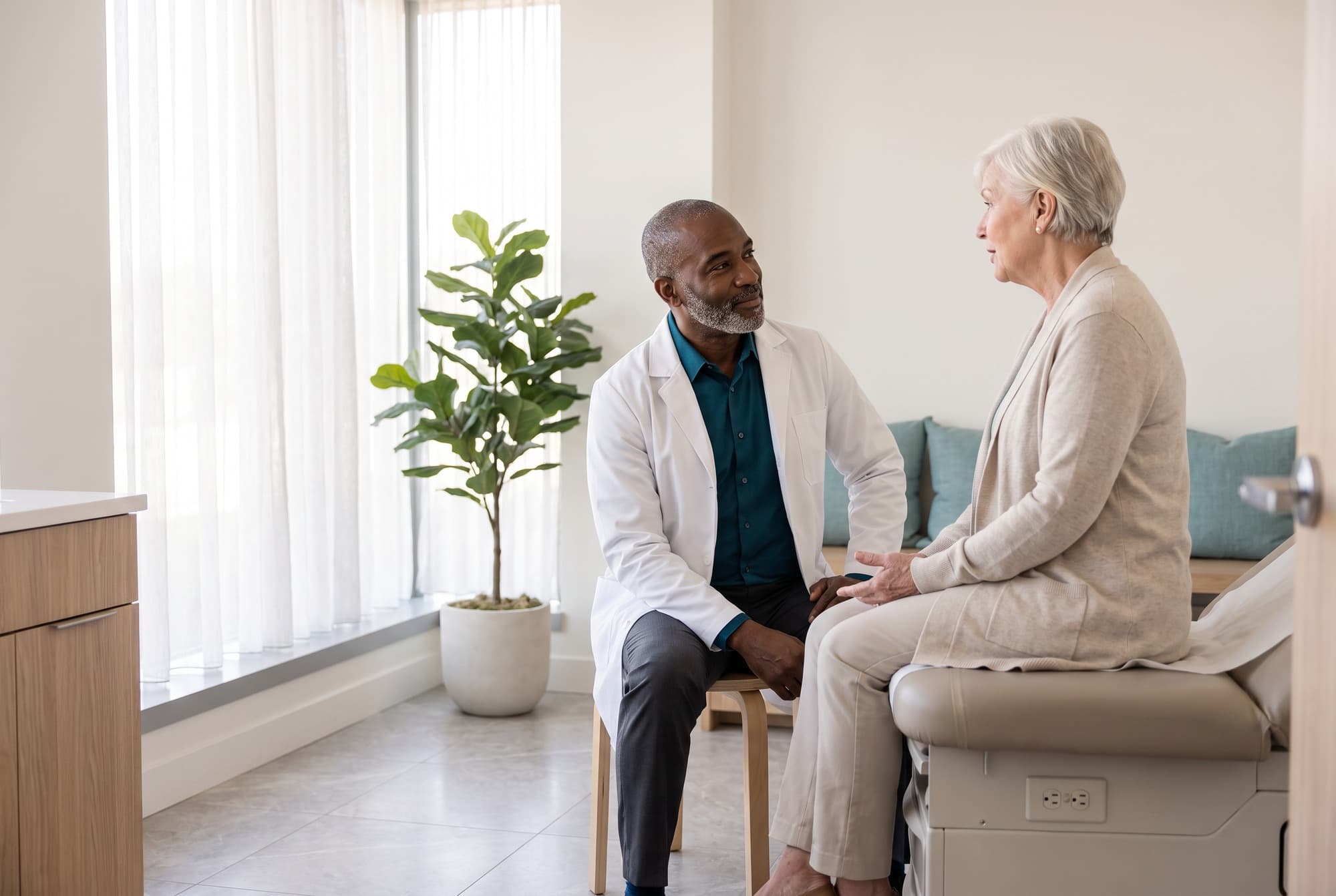 A physician listening attentively to an older patient in a calm exam room