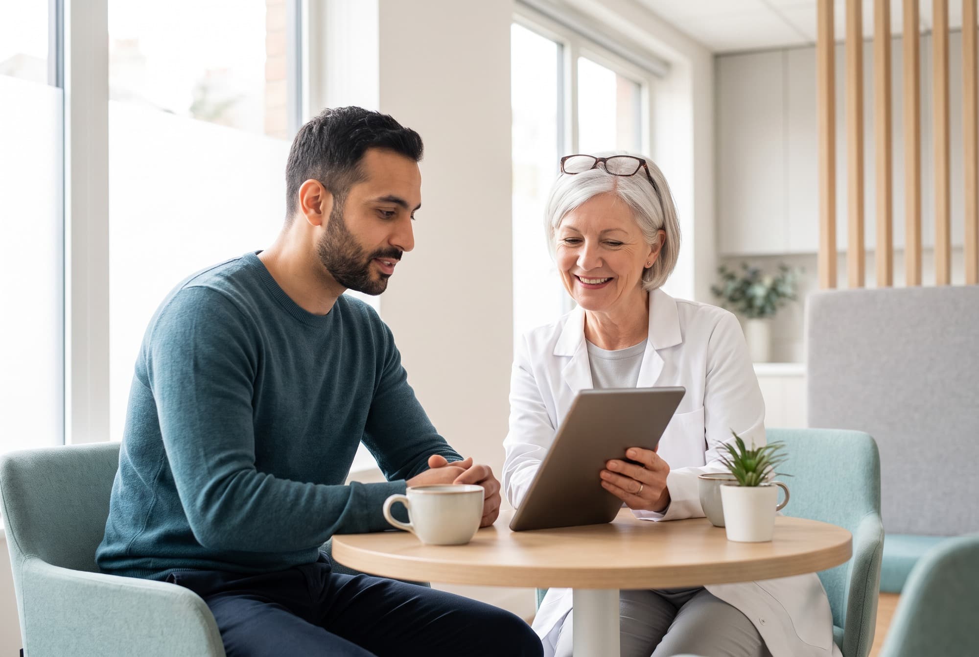 A marketing strategist showing a physician-owner campaign results on a tablet