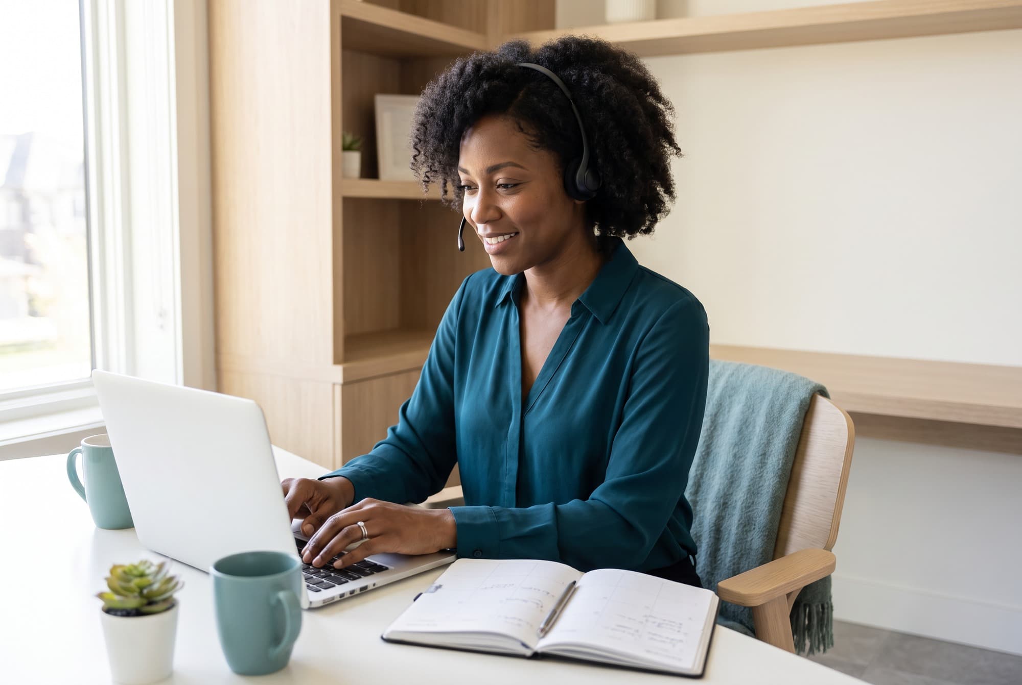 A virtual assistant working from a bright home office