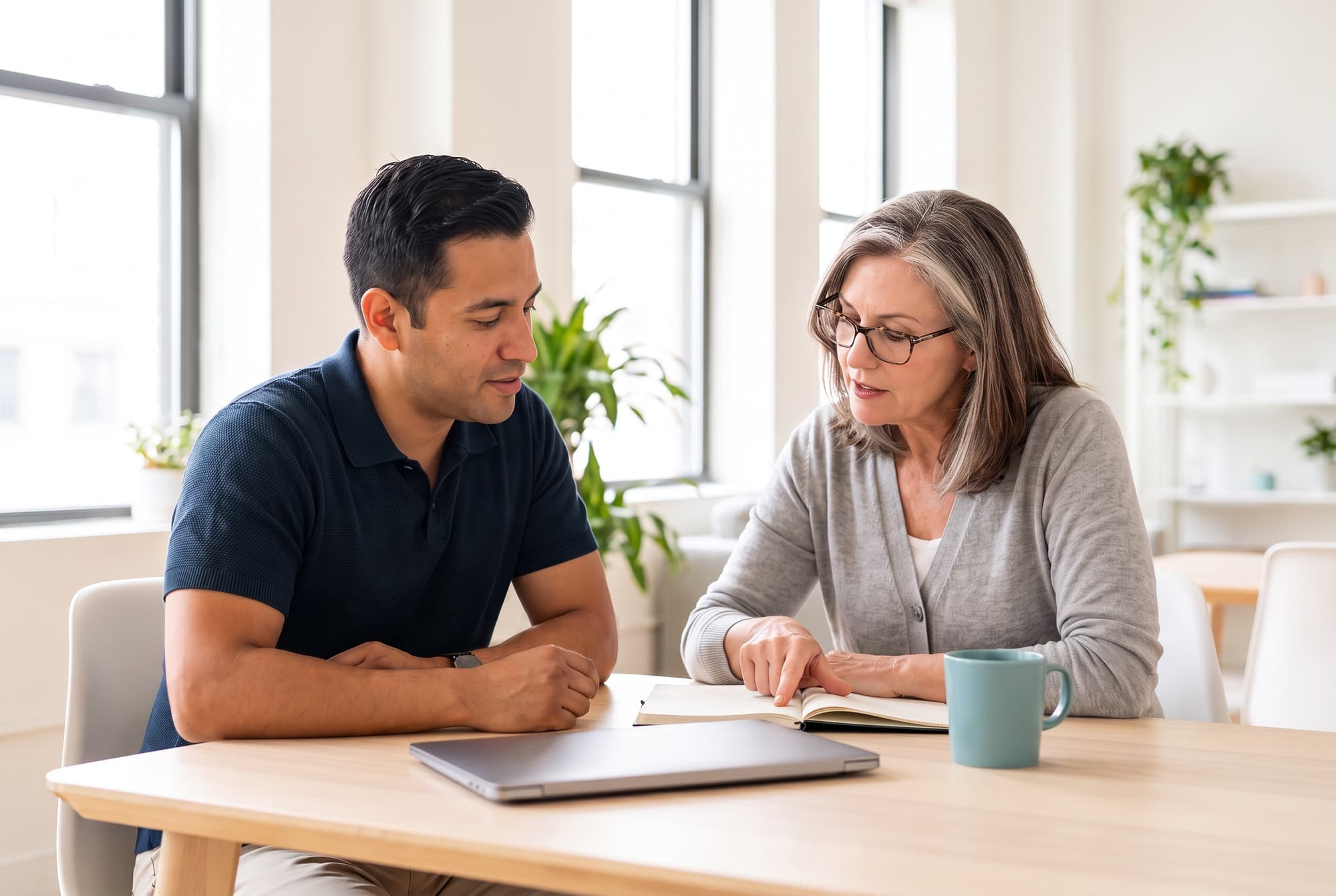 Two revenue cycle specialists reviewing notes together at a desk