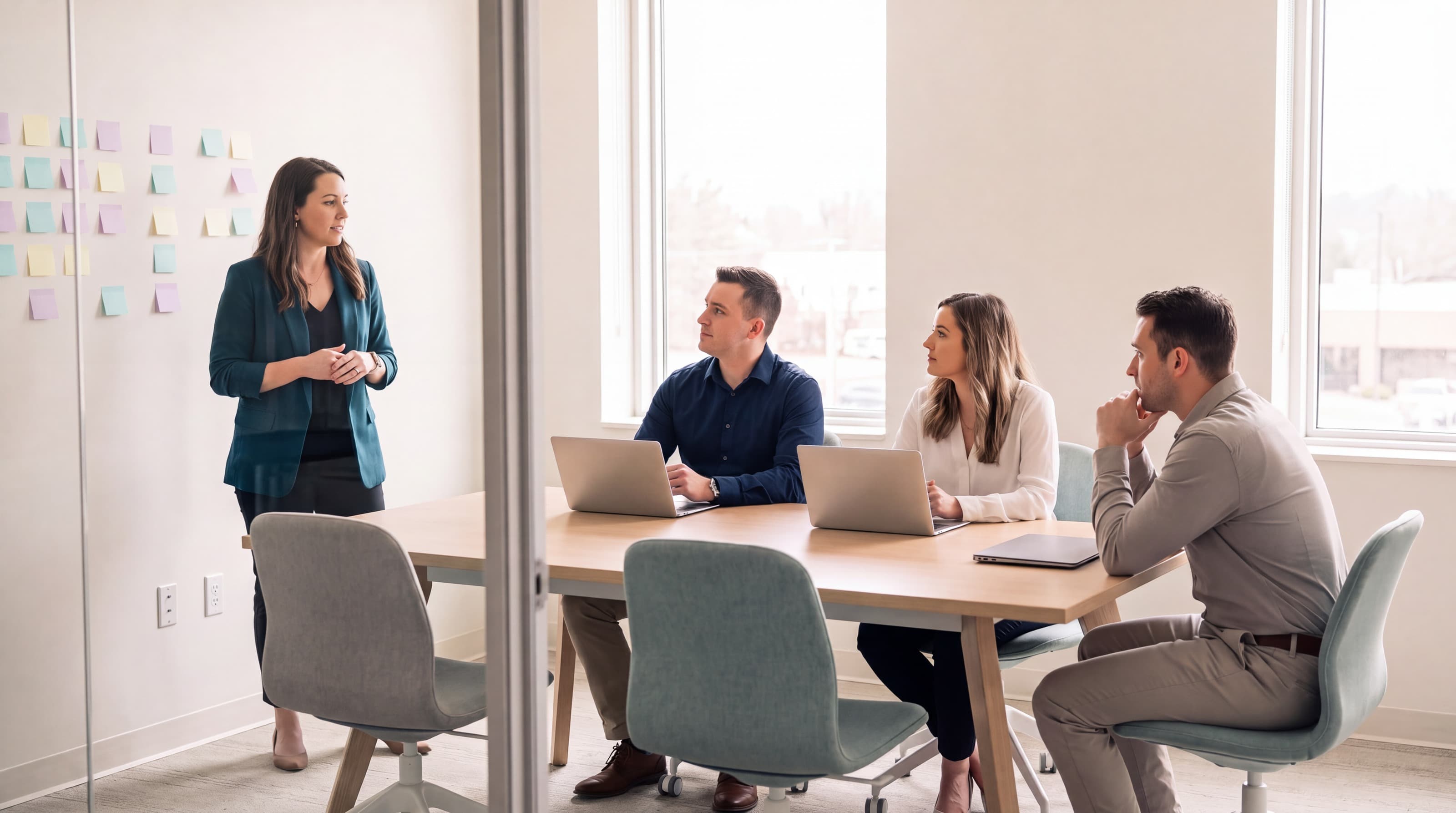 A healthcare administration team planning together in a glass-walled room