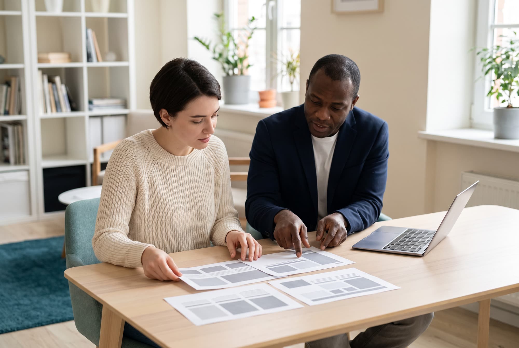 A web designer reviewing website layout sketches with a practice owner