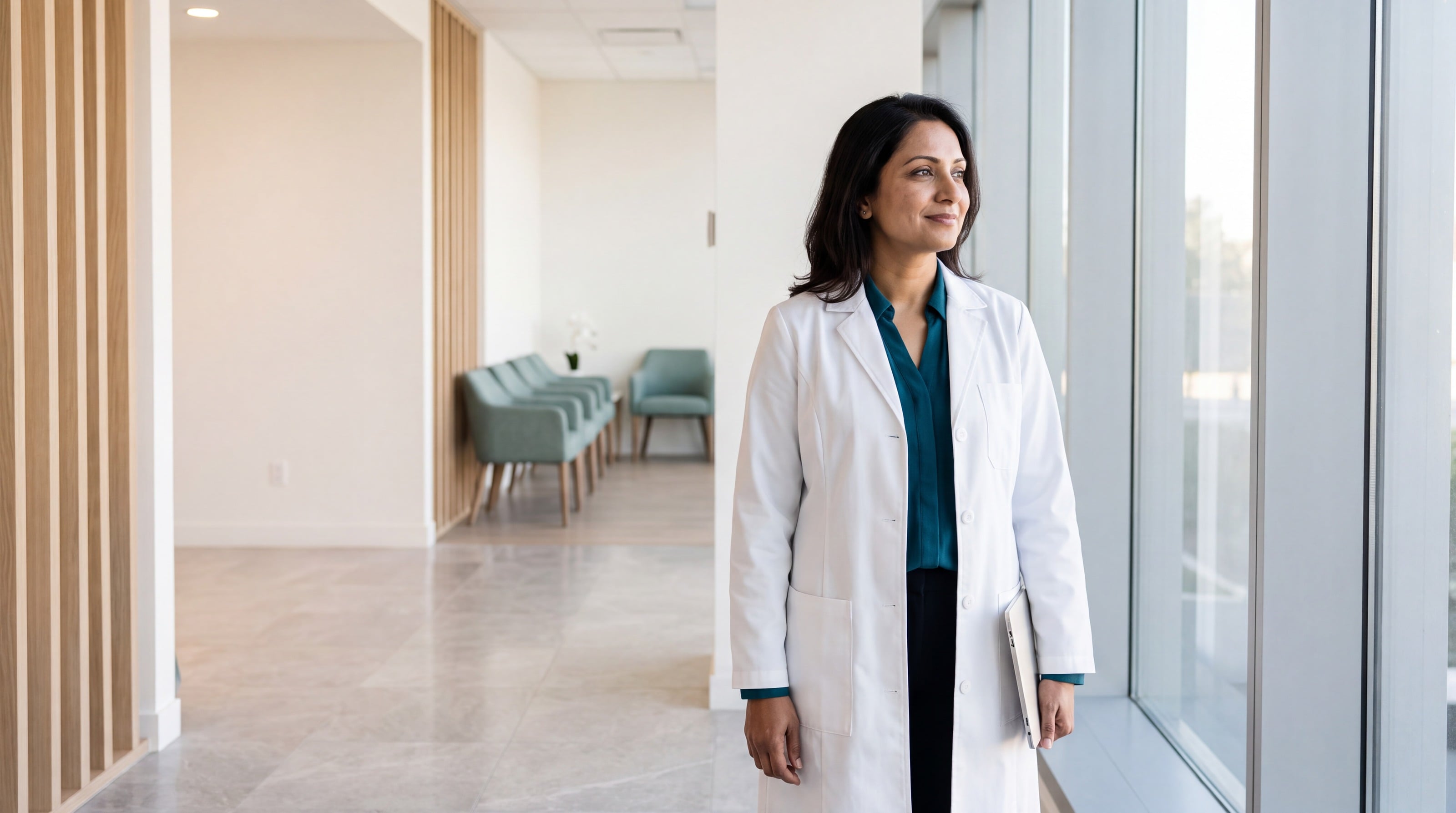 A physician in a white coat looks out across a bright, modern clinic corridor